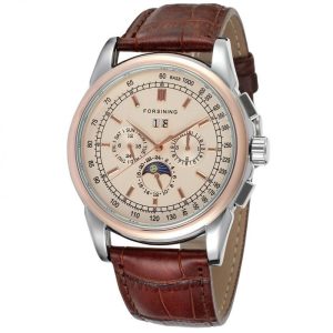 Ceas barbatesc Forsining cu Moon Phase (arata noapte/zi), curea din piele maro, mecanism automatic-mecanic, stil business + cutie cadou