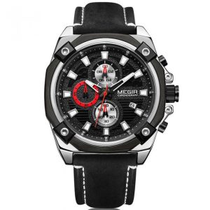 Ceas Megir, rezistent la apa 3Bar, mecanism Quartz, curea din piele neagra, afisaj analogic, calendar complet, stil Fashion + cutie cadou