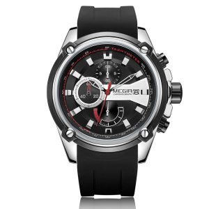 Ceas Megir, rezistent la apa 3Bar, mecanism Quartz, curea din silicon, afisaj analogic, calendar complet, stil Sport + cutie cadou