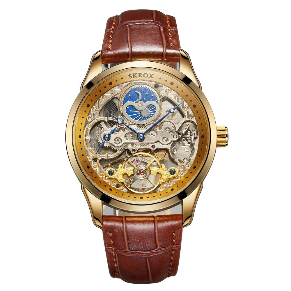 Ceas barbatesc SKROX golden, Skeleton, Moon Phase, mecanism automatic, curea din piele ecologica, stil Fashion, tourbillon - imagine 5