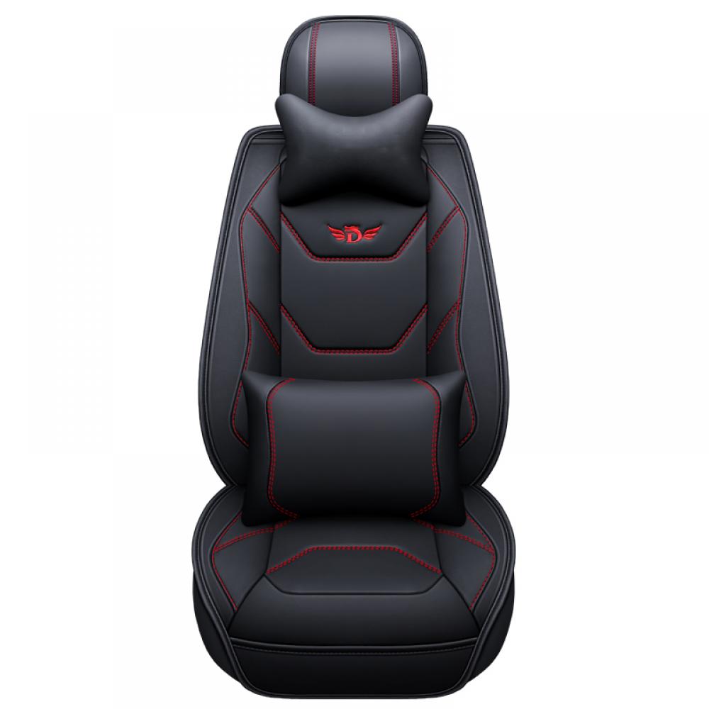 Set huse scaune auto, universale, editie de lux, material piele ecologica, scaune fata, spate, tetiere, volan, perna lombara, perna pentru cap, culoare negru cu linii rosii, 16 piese