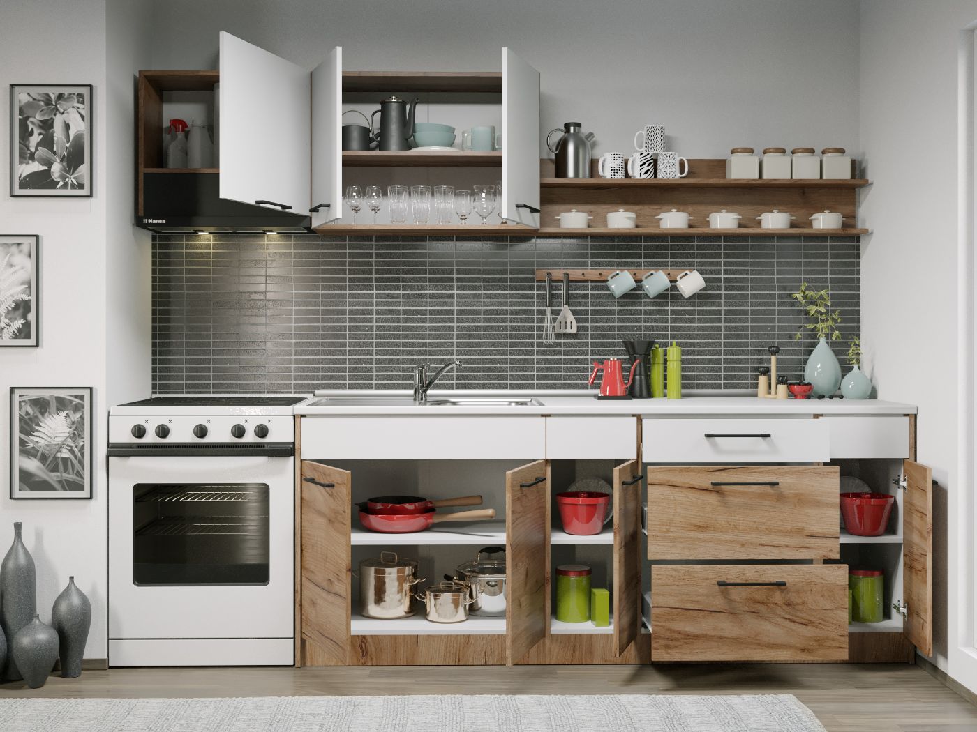 Set Mobila Bucatarie Gastro 260 Alb/Stejar - C15 - imagine 2
