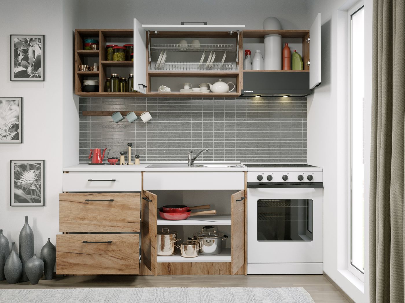 Set Mobila Bucatarie Gastro 200 Alb/Stejar - C08 - imagine 2