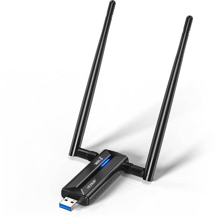 Adaptor USB Wi-Fi 6E EDUP, plug play, tri-band, compatibil Win 11, MU-MIMO, OFDMA, 5400Mbps, negru