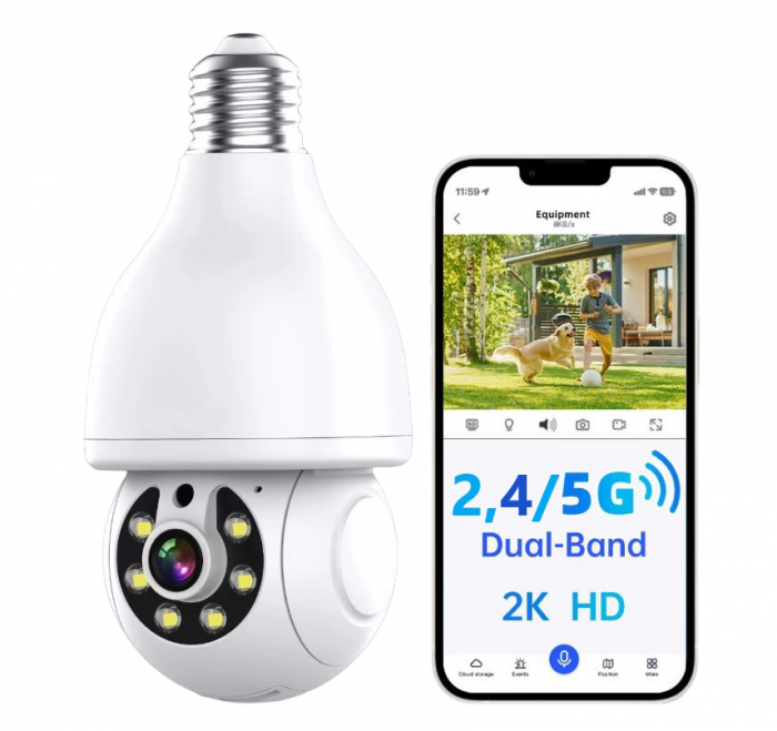 Camera de securitate tip bec FRAMMINO , 3MP, rezolutie 2K, banda duala Wi-Fi 2, 5 5, 8 GHz, cu detectie umana AI, urmarire automata, comunicare bidirectionala, alerte pe mobil, vedere nocturna color