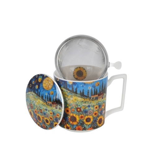 Cana cu capac portelan si infuzor inox, 450ml, Modern Sunflower Field - imagine 2