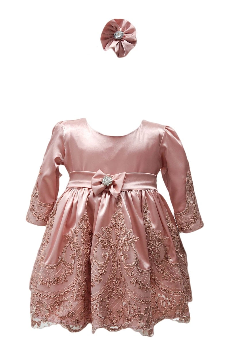 Rochie botez en-gros, cu maneca lunga, model Regina, culoare roz