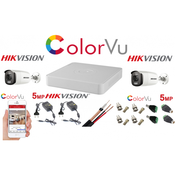 Sistem supraveghere profesional Hikvision Color Vu 2 camere 5MP IR40m DVR 4 canale full accesorii - imagine 2